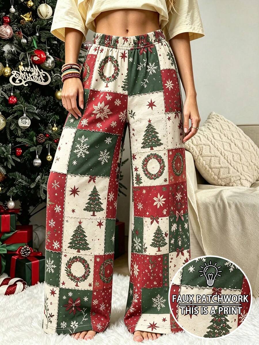 Christmas Print Loose Sweatpants, High Waist Snowflake Tree Wreath Pattern Casual Pants, Women's Holiday Long Pants - Multicolor - View 1
