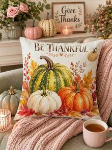 Thanksgiving Autumn Kitchen Decor Table Runner BE THANKFUL Watercolor Pumpkin Pattern Rustic Country Style Autumn Holiday Dining Table Decoration Maple Leaf Berry Pinecone Candle Print Tablecloth Restaurant Kitchen Home Decor - Multicolor - View 8