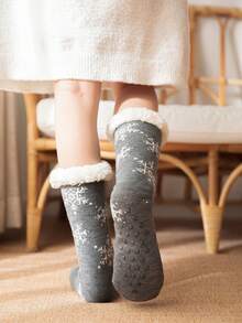 1 Pasang Kaos Kaki Wanita Berbulu Halus, Kaos Kaki Fleece Tebal Setinggi Betis, Hadiah Natal untuk Wanita di Musim Gugur dan Musim Dingin - Grey - View 5
