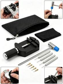 1 Set Watch Repair Tool Kit, DIY Watch Band Replacement Tools, Includes 1 Black Watch Roller, 8 Different Sizes Of Watch Band Pins, 1 Small Metal Hammer, 1 Watch Cleaning Cloth And 1 Storage Bag, Suitable For Professional Watchmakers - Style a Set - View 8