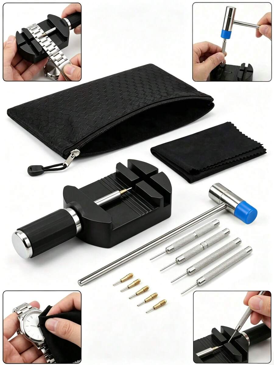 DONDAWN 1 Set Watch Repair Tool Kit, DIY Watch Band Replacement Tools, Includes 1 Black Watch Roller, 8 Different Sizes Of Watch Band Pins, 1 Small Metal Hammer, 1 Watch Cleaning Cloth And 1 Storage Bag, Suitable For Professional Watchmakers - Style a Set - View 1