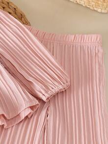2pcs Baby Girl Forest Pastoral Style Vertical Pleated Floral Lace Trim Hem Petal Sleeve Round Neck Top With Matching Fabric Wide Leg Pants Set Spring Autumn - Dusty Pink - View 7
