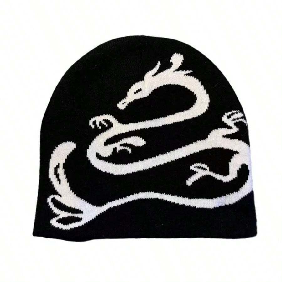1pc Dragon Jacquard Fashionable Versatile Knit Beanie Hat, Warm & Windproof, Autumn/Winter, European & American Style - Dragon - View 1