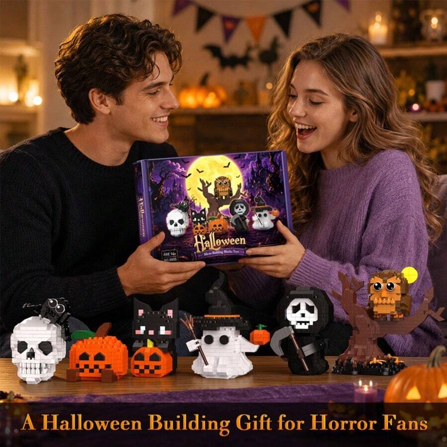 2058PCS Halloween Toy Building Blocks Set, 6 Styles Action Figures Building Blocks Diamond Bricks, Micro Particle Building Blocks, Model Assembly Toy, Owl, Pumpkin Suitable For Halloween Decoration, Halloween Gift Box, Gift - Multicolor - View 1