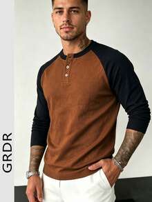 GRDR Autumn Men's Colorblock Button Design Raglan Long Sleeve T-Shirt - Camel - View 1