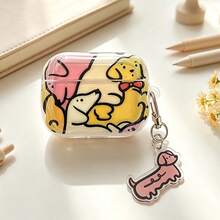 1pc Cute Cartoon Dachshund Dog Pattern Transparent Wireless Earphone Protective Case With Matching Dog Keychain Charm, Shockproof Soft TPU Cover, Sweet Pink Graphic Earbud Shell For Girls Gift - Transparent Yellow - View 1