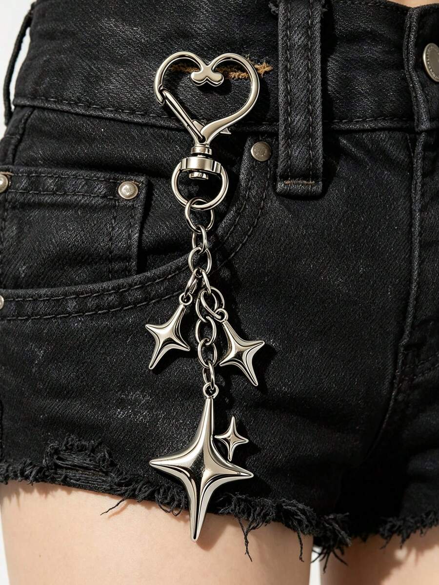 1pc Popular Retro Four-Star Pants Chain, Alloy Keychain, Keychain, Bag, Star Pendant, Bag Accessories - Silver - View 1