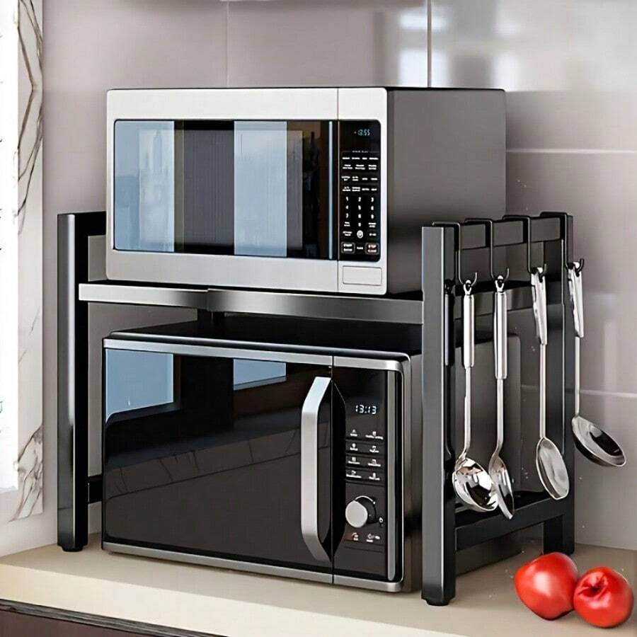 1 cái kệ lưu trữ hình tam giác có móc, kệ lò vi sóng bằng kim loại, có thể mở rộng - kệ tổ chức mặt bàn đứng, phù hợp cho máy nướng bánh mì, nồi chiên không dầu, nồi cơm điện và các thiết bị khác - dễ lắp đặt, kết cấu kim loại chắc chắn, thiết kế tiết kiệm không gian