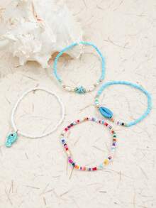 4PCS Ocean Style Blue Series Sea Fish & Starfish Pendant Anklet Set, Faux Shell & Colorful Seed Bead Elastic Cord Anklets For Women - Gold - View 4