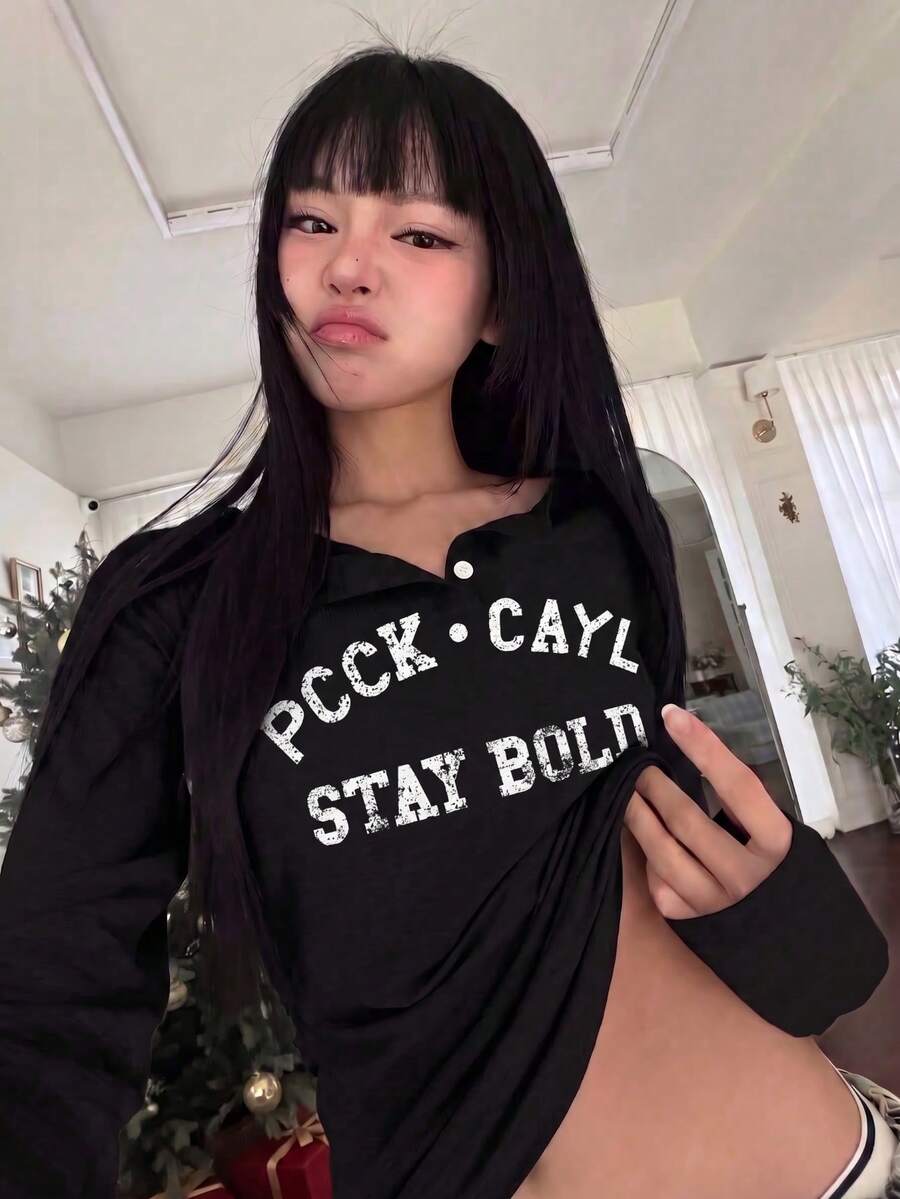 女款復古做舊印花字母長袖灰色圓領正肩上衣 - 黑色 - 查看 1