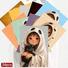 24pcs+1 Red Envelope Cute & Quirky Halloween Postcards, Girl Holding Black Cat Design With Boo Text, Suitable For Friends, Halloween Themed Artistic Style Greeting Cards - Sets - View 9