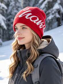 JOYLORD 1pc Women's Autumn/Winter American Style Warm Ear-Covering Beanie Hat, Acrylic Knit Slouchy Cap, Reversible, Large Head Circumference, Letter Design - A - View 3