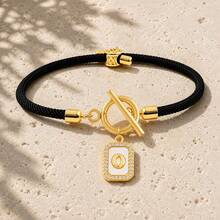 Initial Charm Black Rope Gold Plated Letter Bracelets For Women Men Toggle Closure Cubic Zirconia Tag - Yellow Gold - View 28