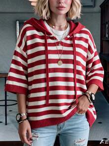 Plus Size Women Red Colorblock Striped Hooded Knit Top, 3/4 Sleeve Drawstring Loose Long Fashion Street Style Sweater - Red - View 4