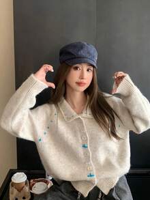 Women's Autumn/Winter New Lace Collar Patchwork Knit Cardigan Top - Apricot - View 6