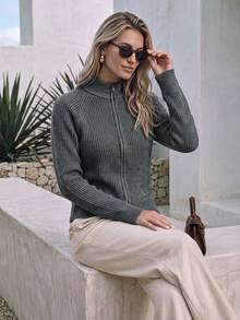 NiceArt Women's Autumn/Winter Vintage Dark Gray Wool Blend Ribbed Knit Zip-Up Cardigan, Stand Collar Raglan Long Sleeve, Autumn Outfit, Halloween - Grey - View 7