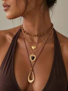 1 Set Luxury Fashion Maillard Color Palette Geometric Circle Heart Water Drop Multi-Layer Women's Necklace, Best Autumn/Winter Accessory Necklace, Perfect Gift - Gold - View 2