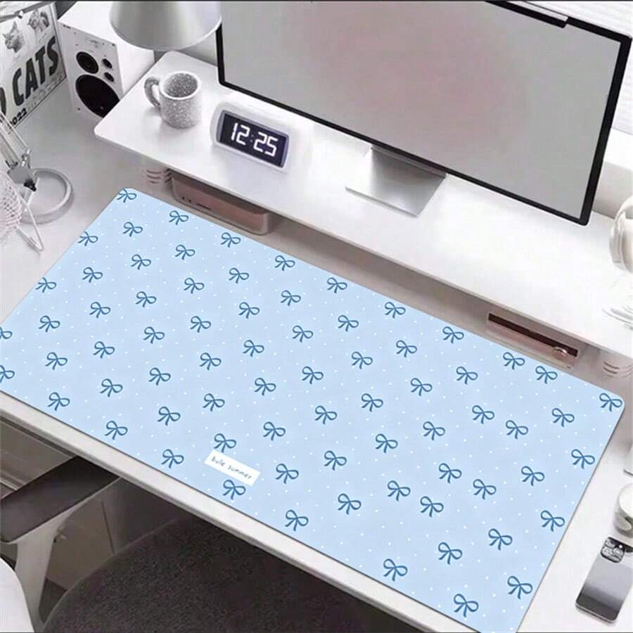 Alas Meja Motif Bunga Polkadot dan Pita Biru Lucu Gaya Korea, Alas Mouse Kulit PU Besar untuk Keyboard Komputer, Alas Mouse Kartun Lucu, Hadiah Dekorasi Rumah, Gaya Y2K Girl - View 1