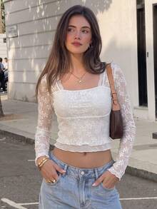 Elegant Fashion Lace Patchwork Square Neck Slim Fit Women's T-Shirt, New Autumn/Winter Style, Suitable For Daily Commute - White - View 1