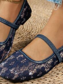 Women's Dark Blue Lace-Up Mary Jane Ballet Flats Square Toe Buckle Strap Casual Shoes - Navy Blue - View 7