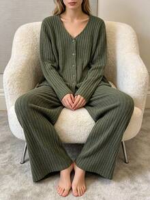 Two Pieces Home Outfit For Teenagers And Girls In Autumn And Winter, Green Ribbed Wool Long Sleeved Long Pants Pajamas, Soft Casual/Family Gathering - Green - View 3