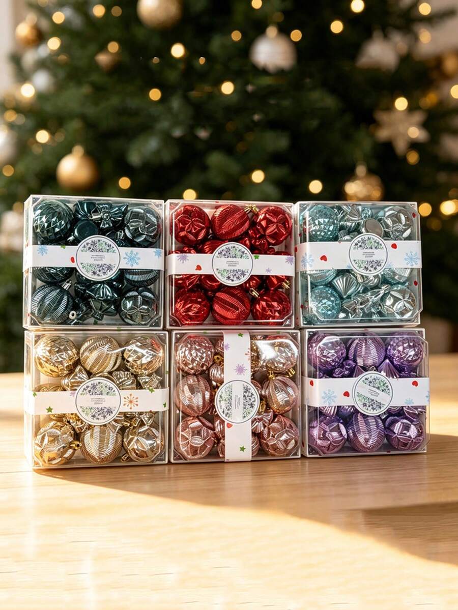 18-Piece Christmas Tree Ornament Set With Sparkly Plastic Ornaments, Suitable For Christmas, Party Decorations, Scene Setups, Holiday Decorations, Room Decorations, Home Decorations, Office Decorations, Themed Party Decorations, Christmas Decorations, Christmas Balls.