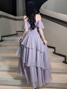 女款優雅時尚純色晚宴禮服，法式修身荷葉邊婚禮賓客畢業禮服，度假海灘穿搭，夏季服飾 - 紫丁香色 - 查看 2