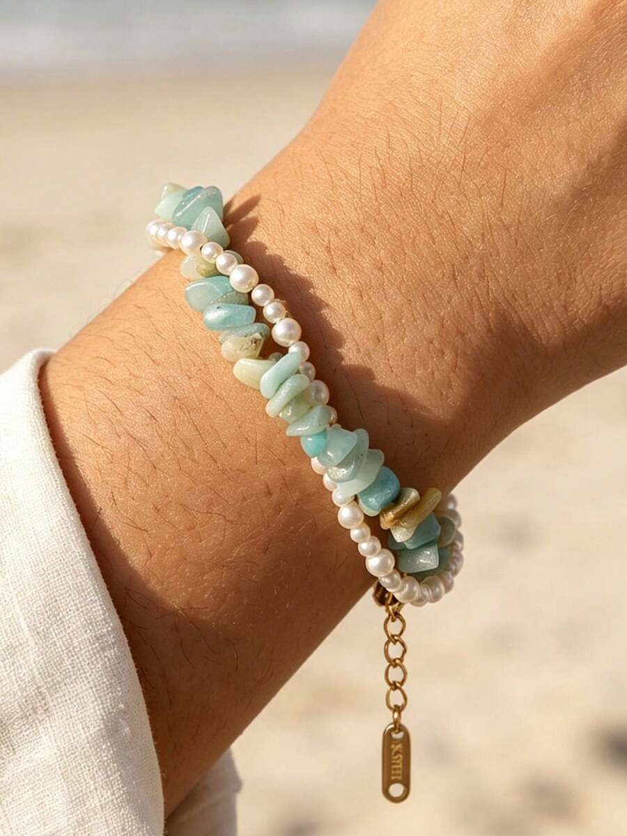 Fashionable Double Layered Bracelet With Versatile Design, Stackable And Adjustable For Women, Suitable For Gifting - Green - View 1