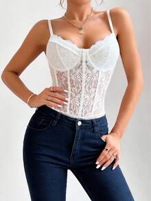 JSE Romantic Lace Trim Figure-Hugging Backless Bodysuit, Slim & Sexy - White - View 6
