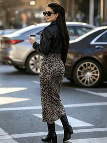 Autumn/Winter Women's Skirt, French Vintage Elegant Leopard Print Bodycon Skirt, Fashionable Versatile, Elastic Straight Skirt, Suitable For Commute And Daily Wear, Charming Leopard Design, Party Sexy Style - Brown - View 6