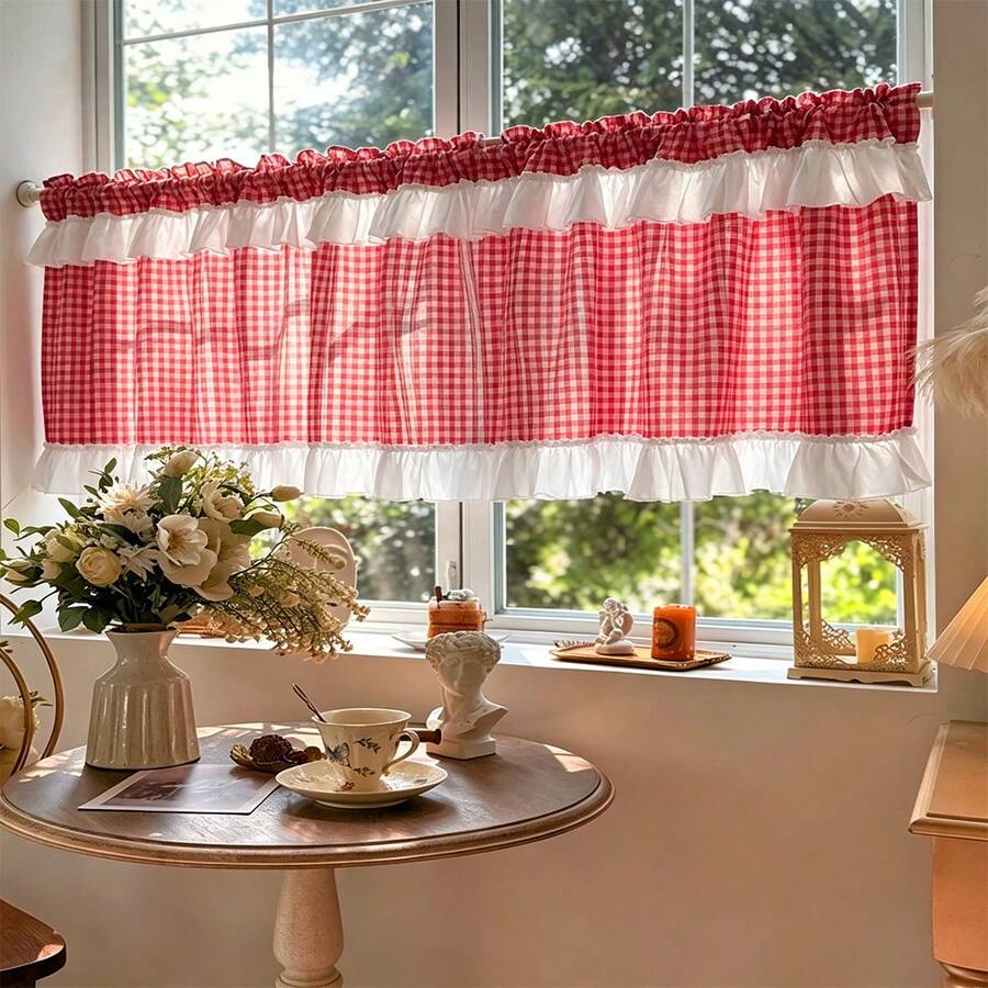 1pc Cloud Lace Plaid Curtain, Multi-Color Selection, Soft Lace Design For Minimalist Elegant Home Decor - Red - View 1