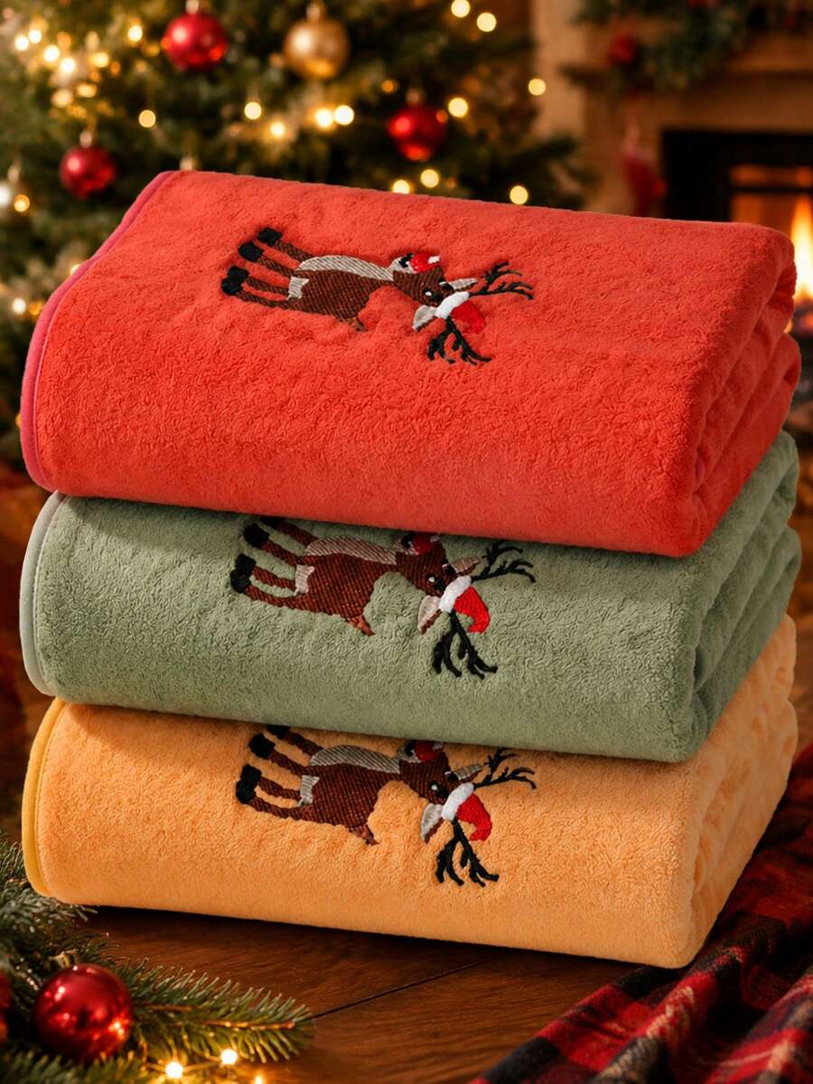 Christmas Reindeer Embroidered Coral Fleece Bath Towel Set, Multiple Colors Available, Soft And Absorbent, 1pc/3pcs Optional, Home Bathroom Face And Bath Towel, Christmas Home Decor Holiday Gift - Multicolor - View 1