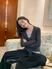 Women's 2 In 1 Patchwork Long Sleeve Base Layer Top, Slim Fit Flattering Inner Layer With Tie Detail And Contrast Color T-Shirt, Spring/Autumn - Dark Grey - View 3