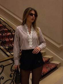 Lace Trim Striped Long Sleeve Elegant Top For Date - Multicolor - View 4