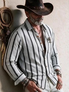 GOLDREDY Spring/Autumn New Men's Textured Vertical Striped Shirt, Vintage Jacquard Fabric, Single Pocket, Loose Fit, Lapel Collar, Long Sleeve Casual Shirt Outerwear Top - White - View 2