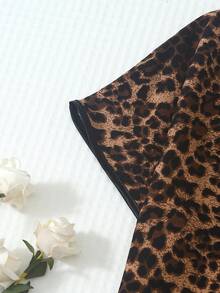 2pcs Women's Comfortable Leopard Print Short Sleeve Collared Top And Bow Shorts Pajama Set - Brown - View 4
