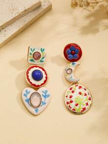1 Pair Exaggerated Vintage Design Rhinestone Heart Pendant Multi-Layer Earrings With Floral And Geometric Elements, Women's Ear Jewelry Suitable For Daily Wear, Party And Music Festival - Multicolor - View 2