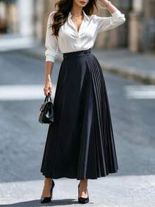 DONICY Women's Navy High Waist Side Button Pleated Splice Midi Skirt, Asymmetric Flowy A-Line Long Skirt For Fall Winter Office Daily Wear - Royal Blue - View 4