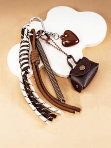 Vintage PU Mini Bag Keychain Bag Charm, Heart Pendant With Multi‑Style Braided Rope Tassel, Car Keychain, Aesthetic Bag Decoration, Gift For Women - Multicolor - View 8