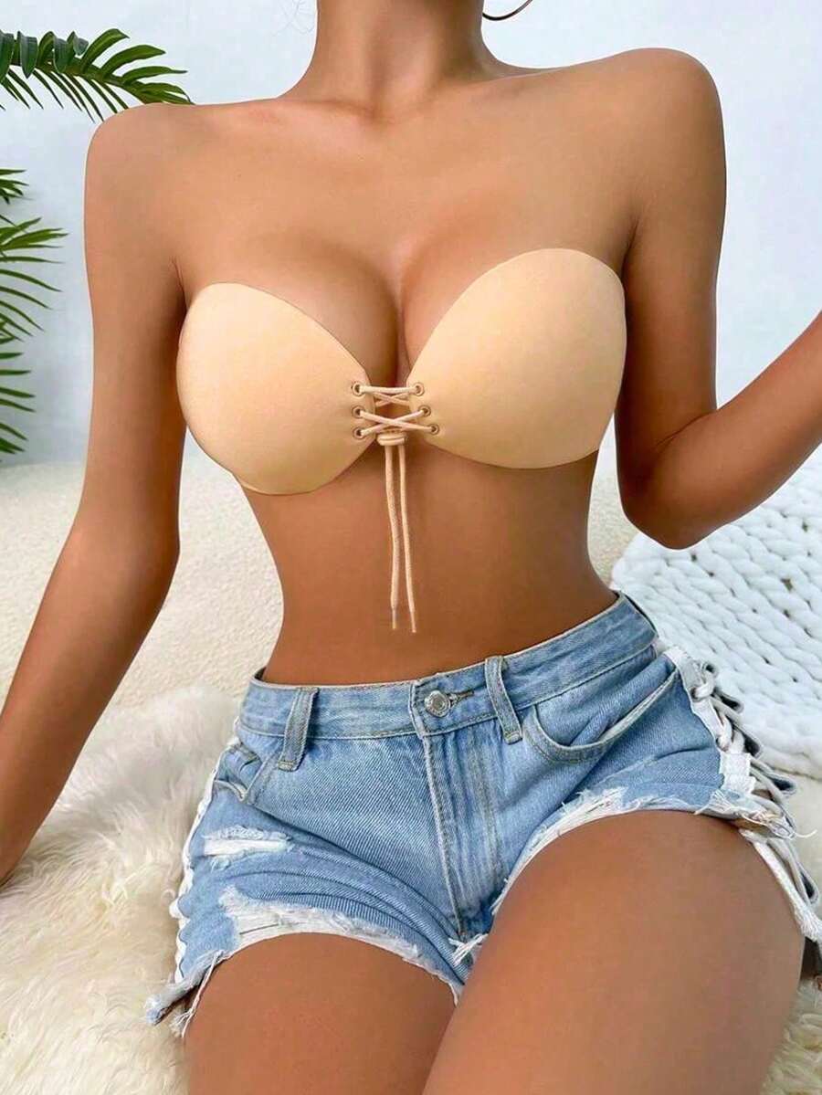 1pc Lace-Up Front Adhesive Thickened Push-Up Bra - Khaki - View 1
