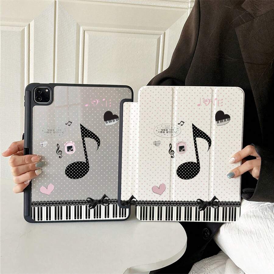 1pc Cute Music Note Piano Key Pink Heart Polka Dot Tablet Case Foldable Stand With Multiple Viewing Angles For Work & Entertainment, Protective Tablet Case With Pen Slot Compatible With IPad Pro 2024/Air M3/A16 2025,Compatible With XIAOMI,Compatible With SAMSUNG,Compatible With Huawei Matepad