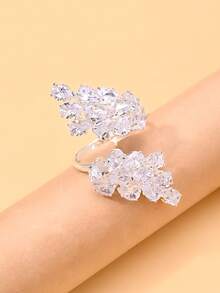 outingfit 1pc Women's Silver Water Drop Rhinestone Open Ring, Leaf Design Sparkling Personalized Ring, Suitable For Date, Wedding, Party, Vacation And Daily Wear - Silver - View 4