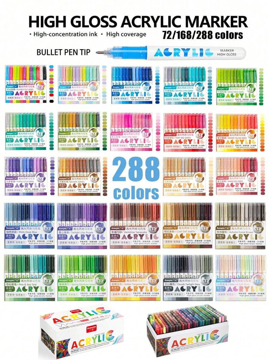GuangNa 12/36/60/96/168/288 Colors High Gloss Acrylic Paint Marker Set, Student Art Professional Painting Pens, 36 Colors Skin Tone Set 1.0mm Gel Pens, Stackable Colors, Vibrant Fluorescent Ink, Waterproof, Light-Resistant, Strong Coverage, Large Ink Capacity, Suitable For Glass, Rock, DIY Coloring Books, Back To School Gift Set For Boys/Girls - Multicolor - View 1