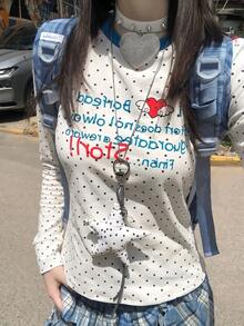 Casual Cute All-Over Polka Dot Colorblock Long Sleeve Women's Top Autumn Base Layer - White - View 5