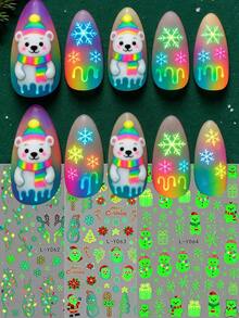 3 Sheets Glow In The Dark Christmas Nail Stickers - Luminous Cute Polar Bear & Rainbow Snowflake Design Nail Art Decals For Women Holiday DIY Manicure Gift - Colorful - View 1
