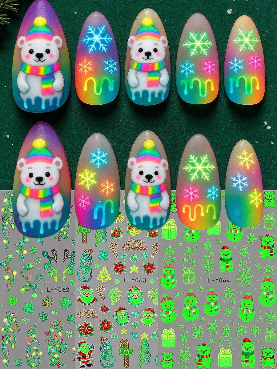 3 Sheets Glow In The Dark Christmas Nail Stickers - Luminous Cute Polar Bear & Rainbow Snowflake Design Nail Art Decals For Women Holiday DIY Manicure Gift - Colorful - View 1