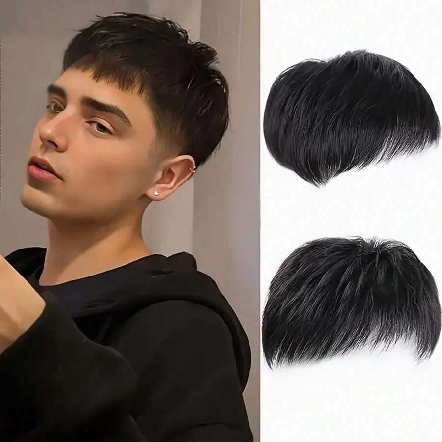 Tóc giả nam miếng dán che hói đỉnh đầu thay thế dạng khối tàng hình không lộ đường nối chống gió có kẹp - màu đen - Xem 1