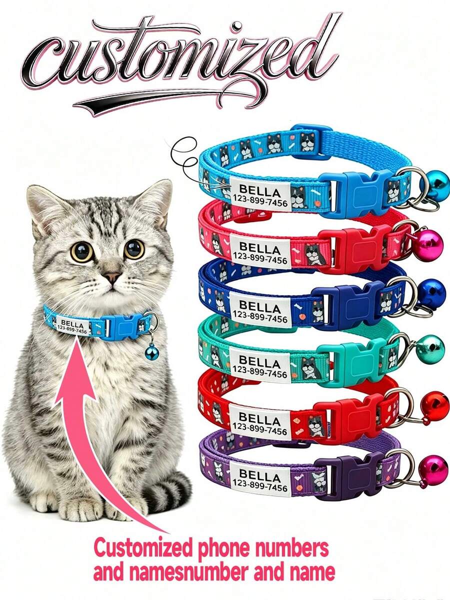 Personalized Pet Collar With Bell - Customized Engraved Cat & Small Dog Collar, Durable PP Material, Adjustable, Cartoon Dog Pattern Design, Ideal Pet Gift - Multicolor - View 1