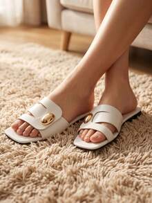 French Minimalist PU Cross Design Flat Slide Sandals, Casual Soft Sole Versatile Vacation Beach Flat Slippers - White - View 2