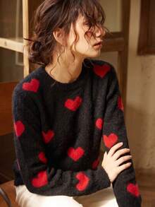 Knit Mix 優雅女款秋冬時尚法式簡約日常居家休閒寬鬆針織紅色愛心圖案圓領長袖套頭毛衣上衣 - 黑色 - 查看 4